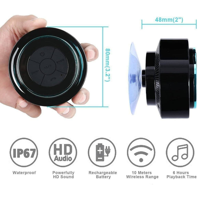 Dimensions of HAISSKY Portable Wireless Waterproof Speaker with FM Radio shown with Suction Cup
