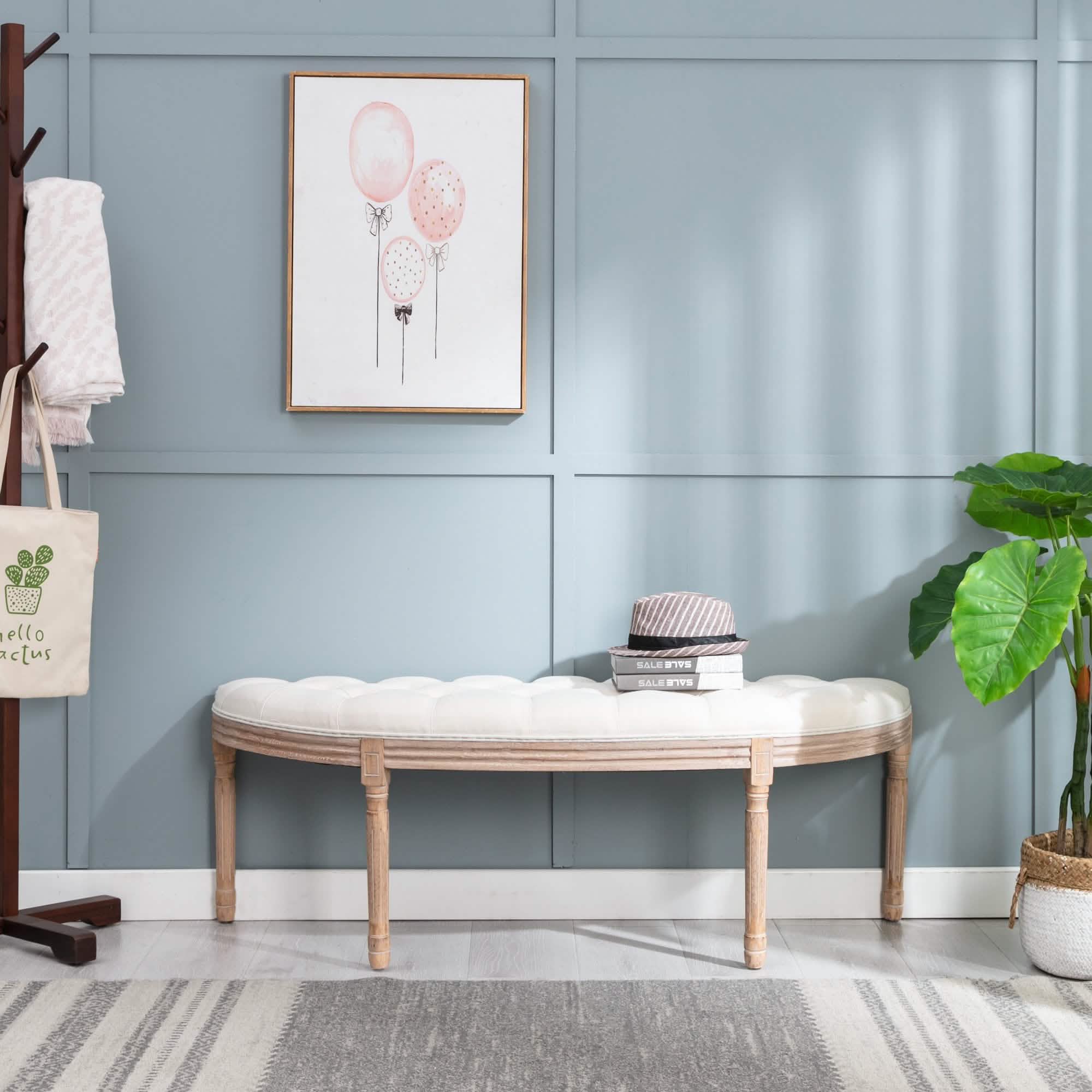 Half Moon French Vintage Bench with Padded Seat & Rubberwood Legs Furniture & Decor - DailySale