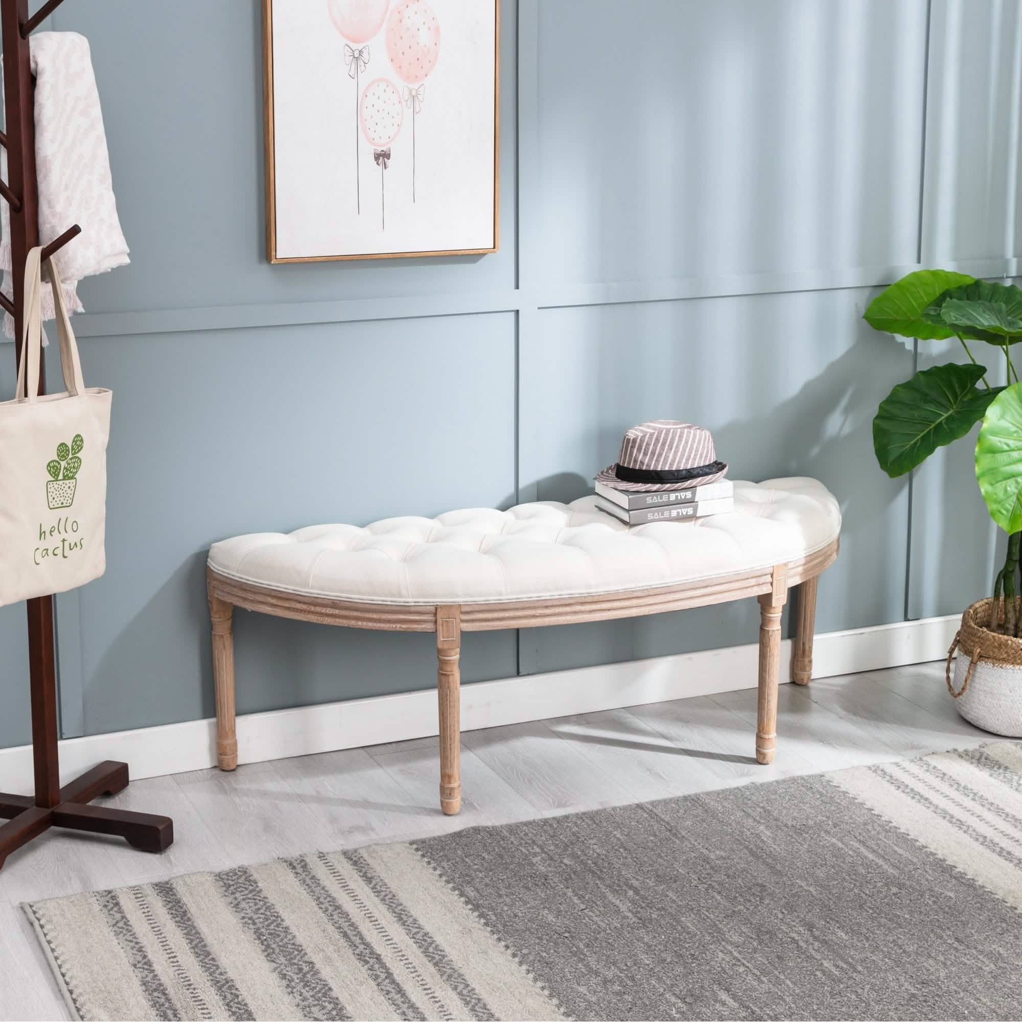 Half Moon French Vintage Bench with Padded Seat & Rubberwood Legs Furniture & Decor - DailySale