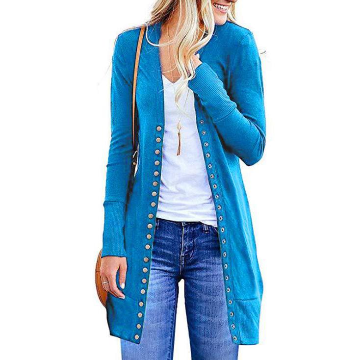Halife Women's Long Sleeve Snap Button Down Knit Ribbed Neckline Cardigan Sweater Women's Clothing Blue S - DailySale