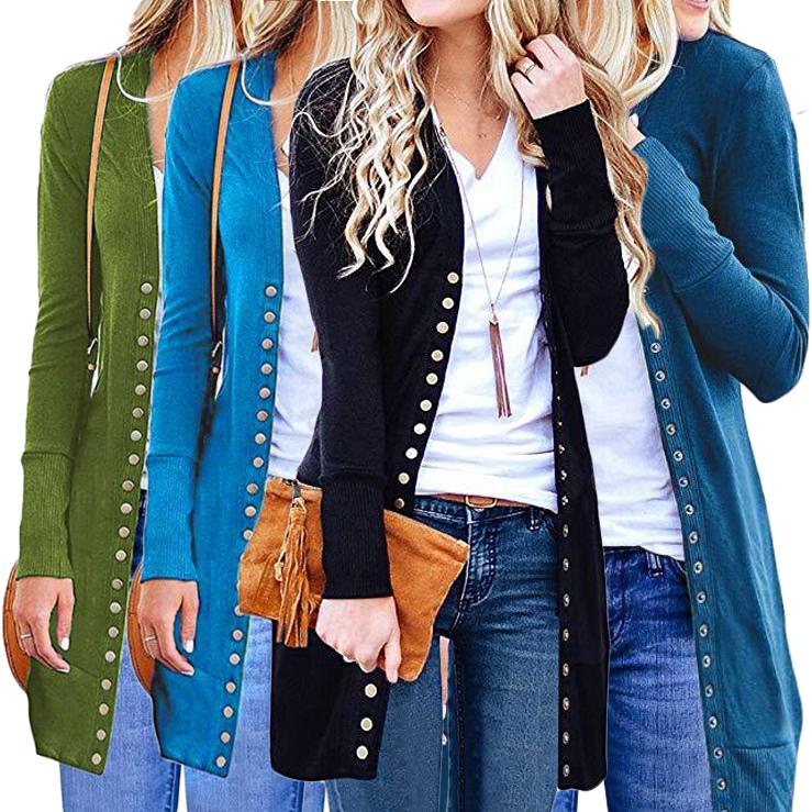 Halife Women's Long Sleeve Snap Button Down Knit Ribbed Neckline Cardigan  Sweater