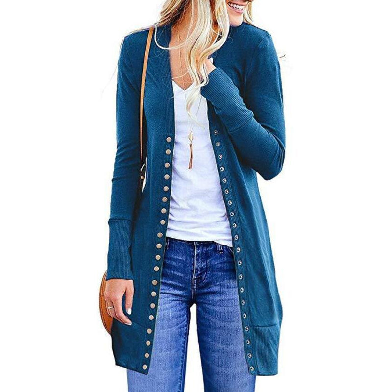 Halife Women's Long Sleeve Snap Button Down Knit Ribbed Neckline Cardigan Sweater Women's Clothing Dark Blue S - DailySale