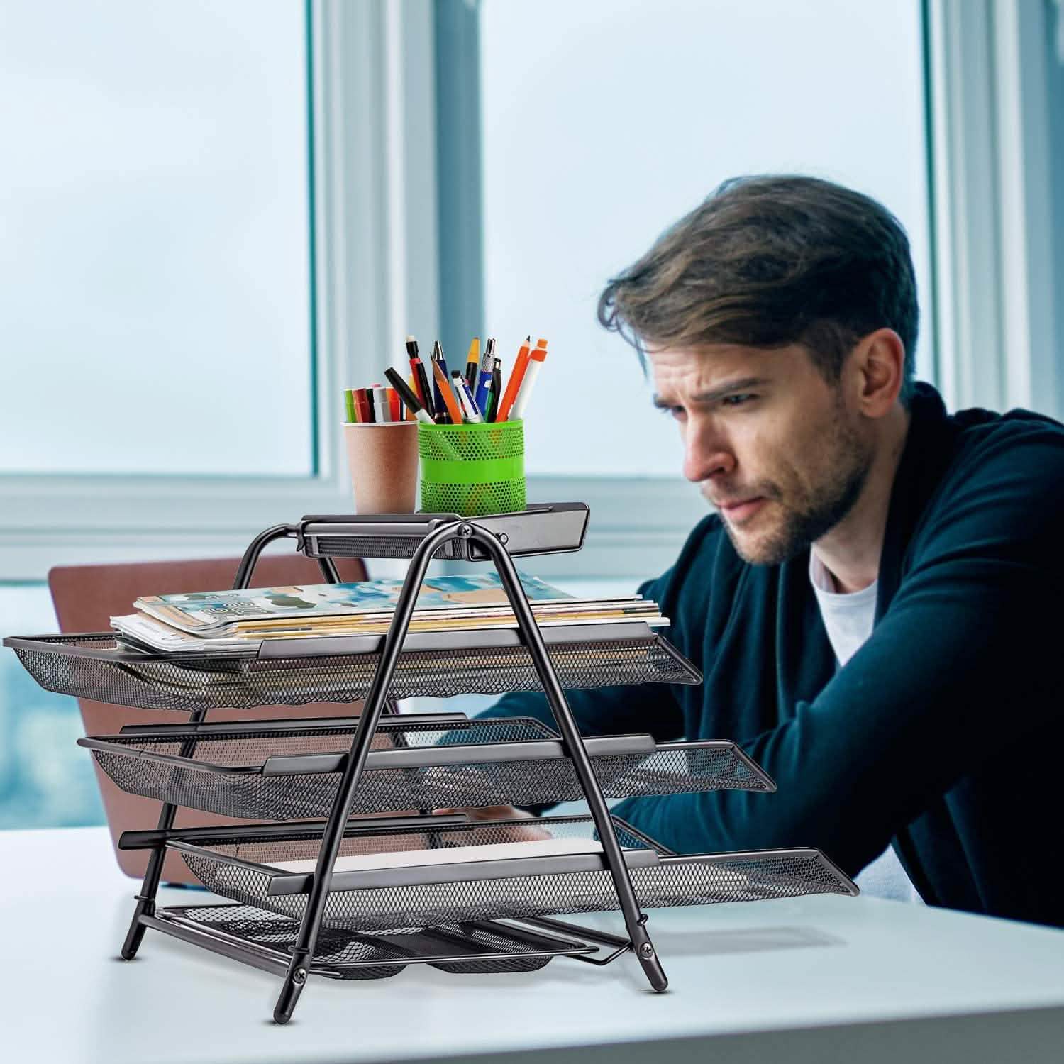 Halter 3 Tier Mesh Desktop Organizer with Sliding Paper Trays Everything Else - DailySale