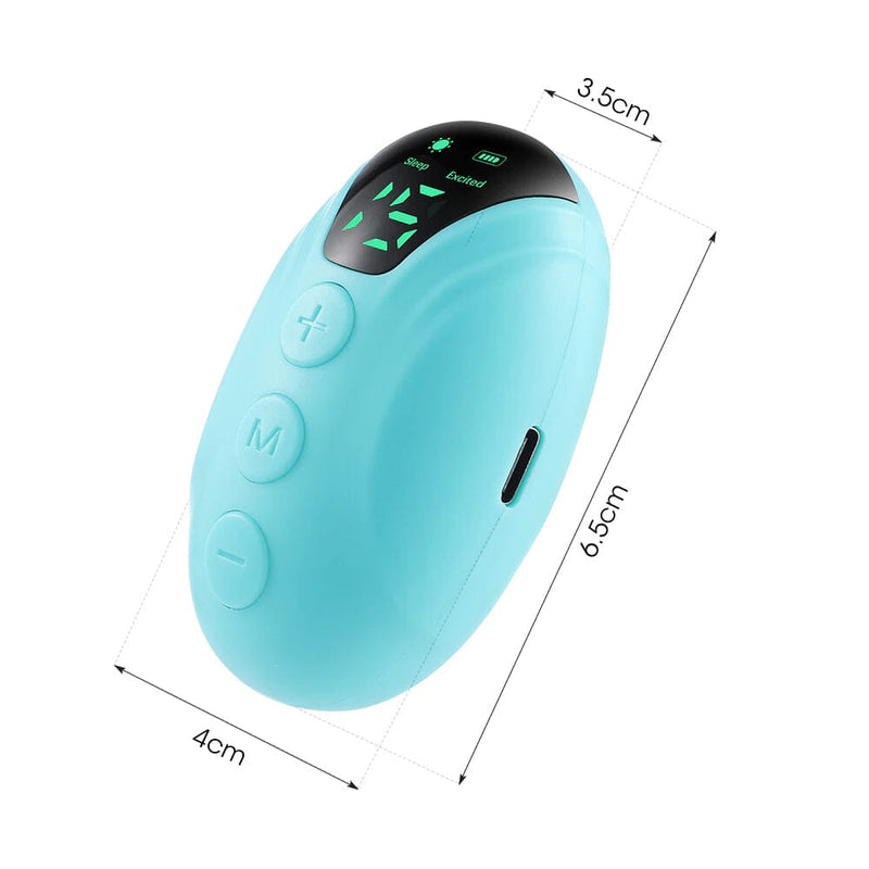 Dimensions of Handheld Sleep Instrument in color green shown with a white background