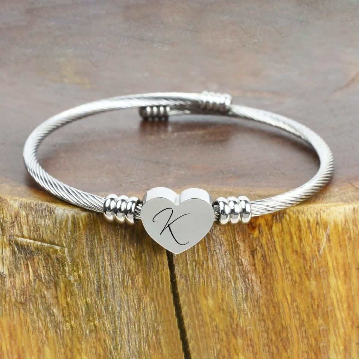 Heart Cable Initial Bracelet Hypoallergenic and Adjustable Jewelry K - DailySale