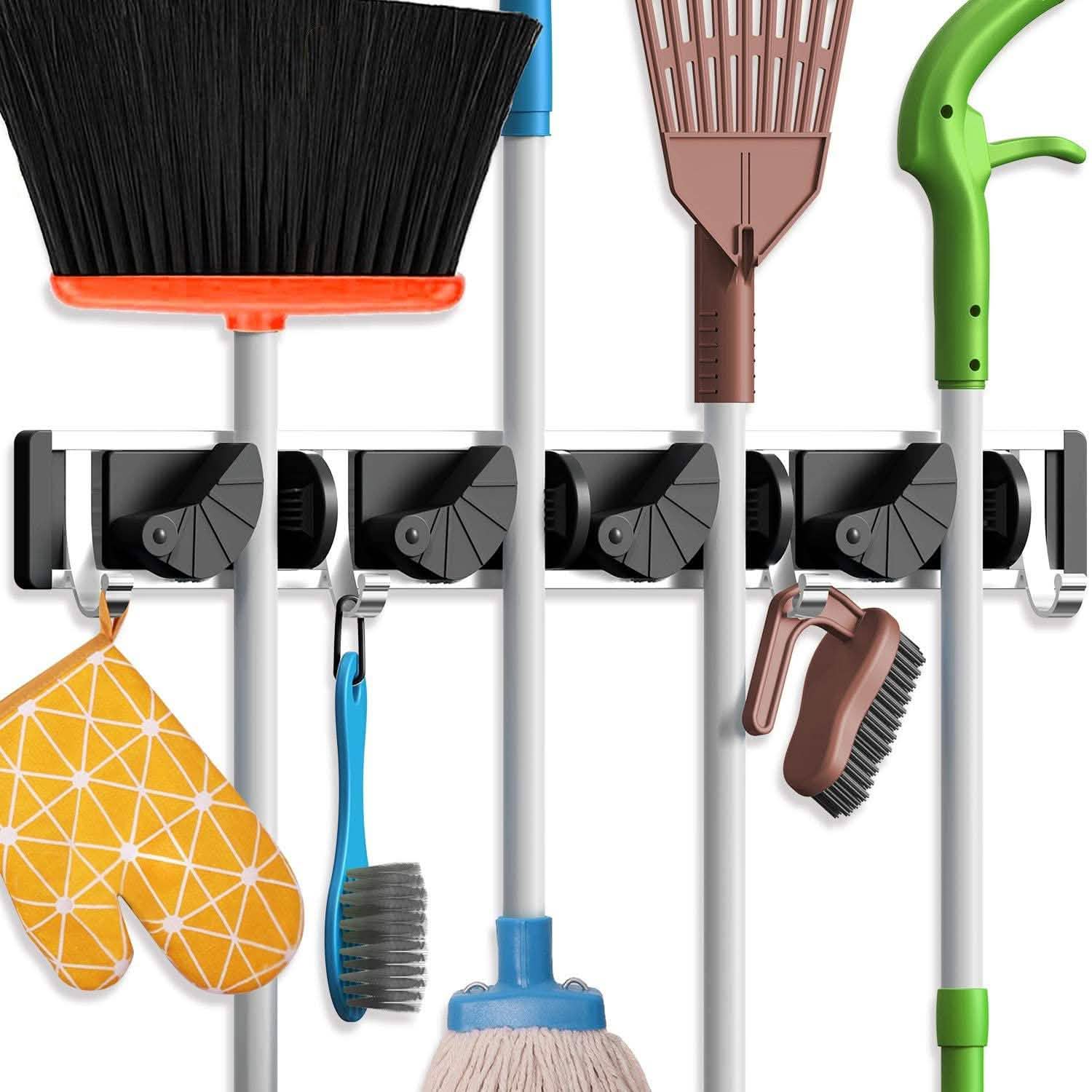 Holikme Mop Broom Holder Wall Mount Metal Pantry Organization and Storage Garden Kitchen Tool Organizer Closet & Storage Black - DailySale