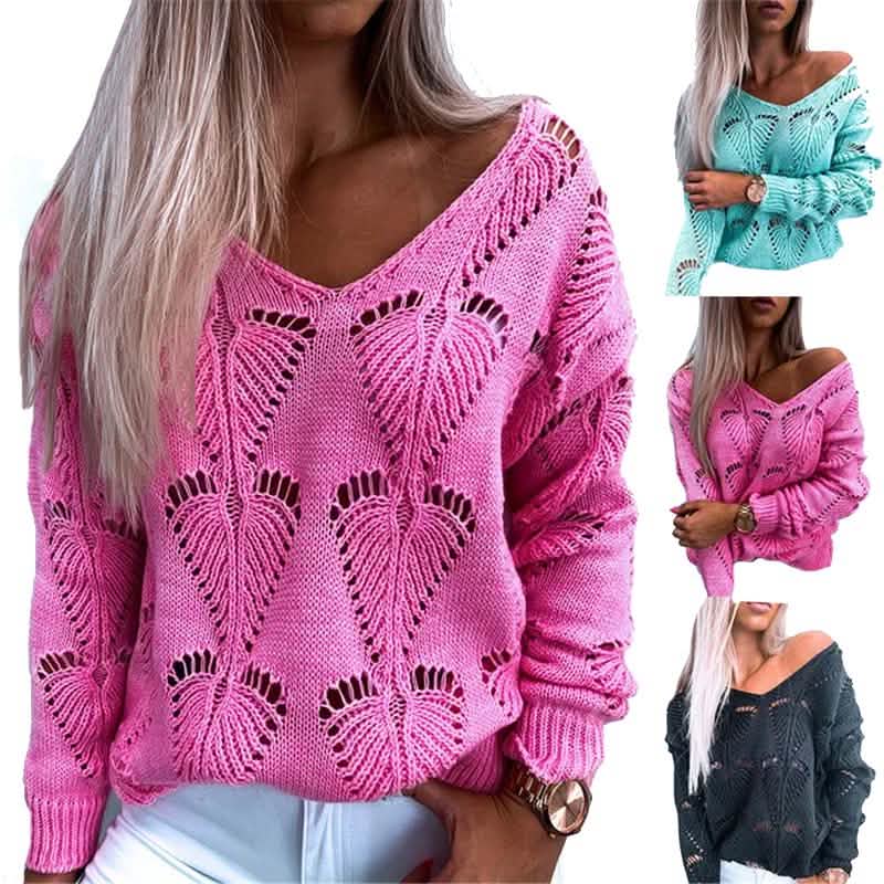 Hollow Out Design See Through V-Neck Long Sleeve Sweater Women's Clothing - DailySale