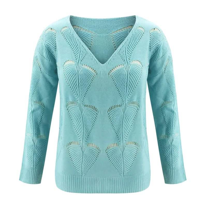 Hollow Out Design See Through V-Neck Long Sleeve Sweater Women's Clothing - DailySale