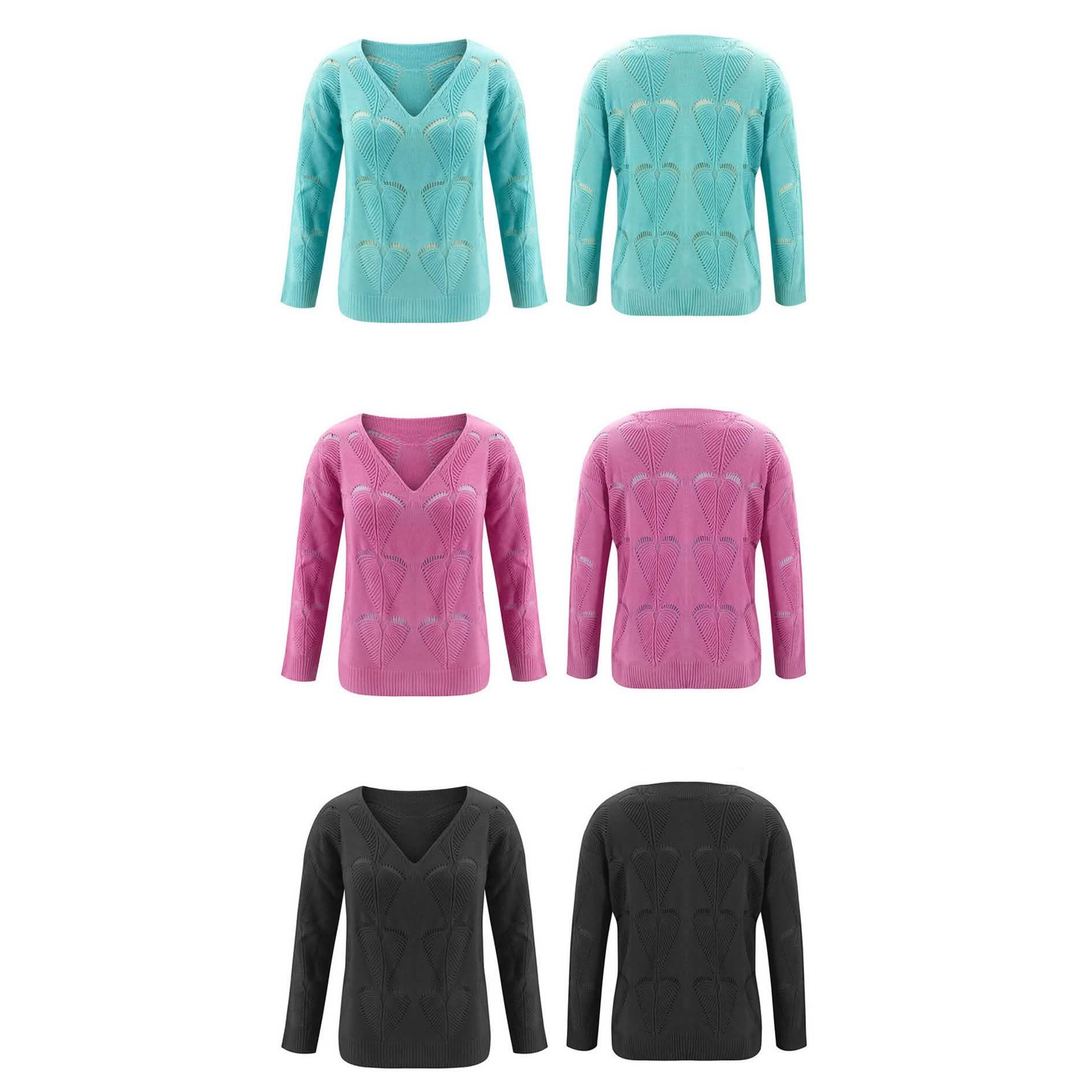 Hollow Out Design See Through V-Neck Long Sleeve Sweater Women's Clothing - DailySale