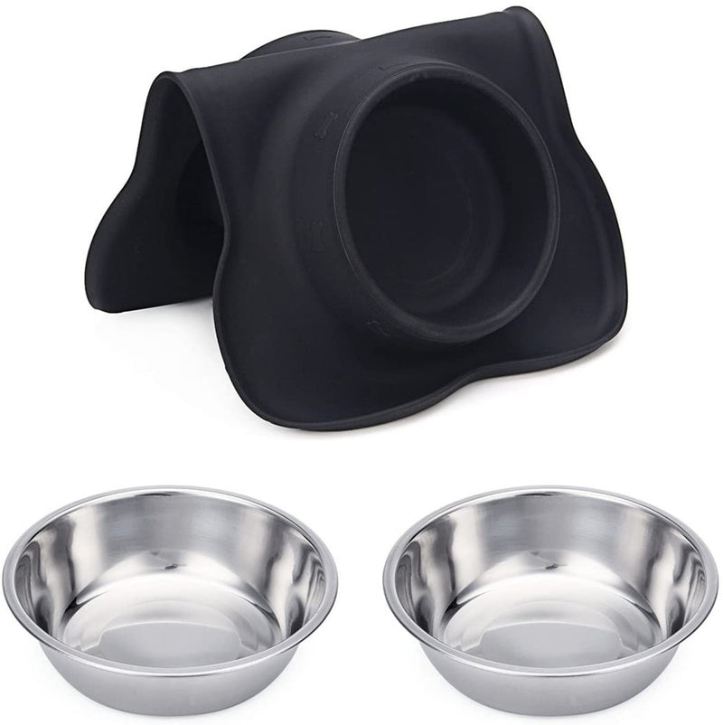Hubulk 2 Stainless Steel Dog Bowl with No Spill Non-Skid Silicone Mat Pet Supplies Black S - DailySale