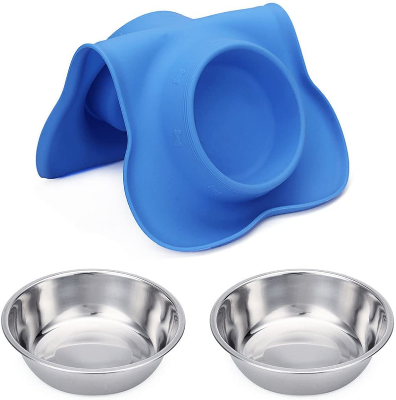 Hubulk 2 Stainless Steel Dog Bowl with No Spill Non-Skid Silicone Mat Pet Supplies Blue S - DailySale