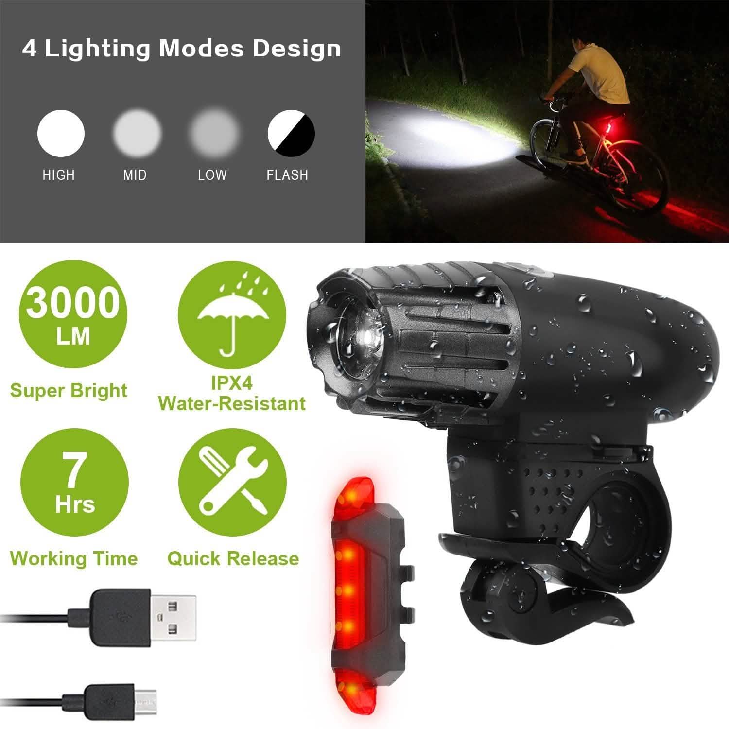iMounTEK Bike Front Flashlight IPX4 Water-Resistant with Tail Warning/Safety LED Lamp Sports & Outdoors - DailySale