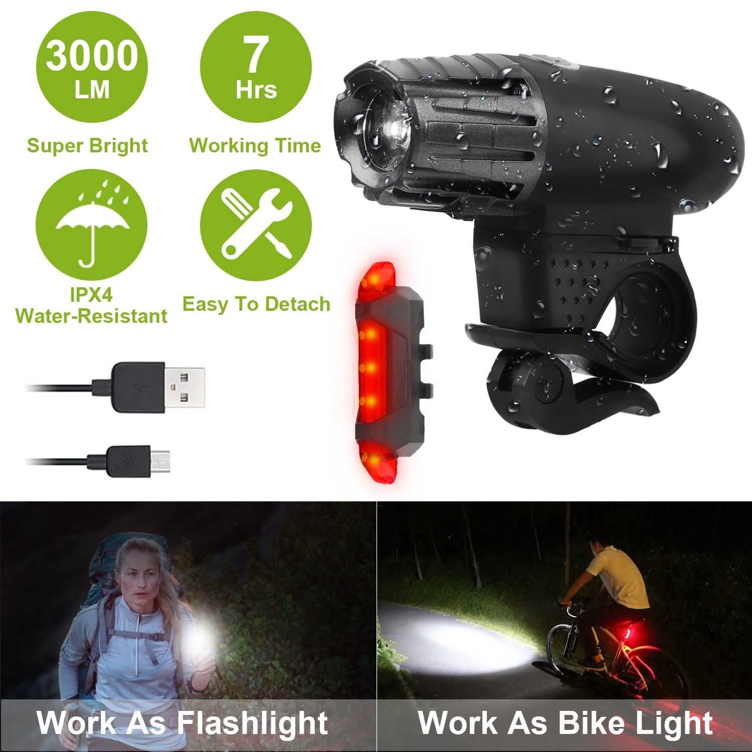 iMounTEK Bike Front Flashlight IPX4 Water-Resistant with Tail Warning/Safety LED Lamp Sports & Outdoors - DailySale