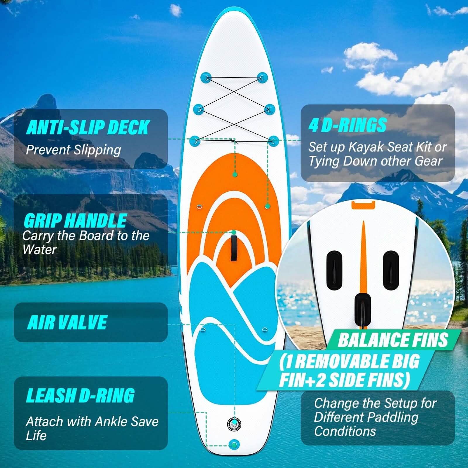 Inflatable Paddle Board Stand up Adults with Adjustable Paddle and Removable Fin Orange Sports & Outdoors - DailySale