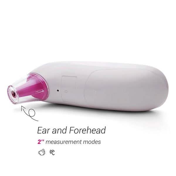 Back view of Infrared Thermometer showing 2" measurement modes for ear and forehead