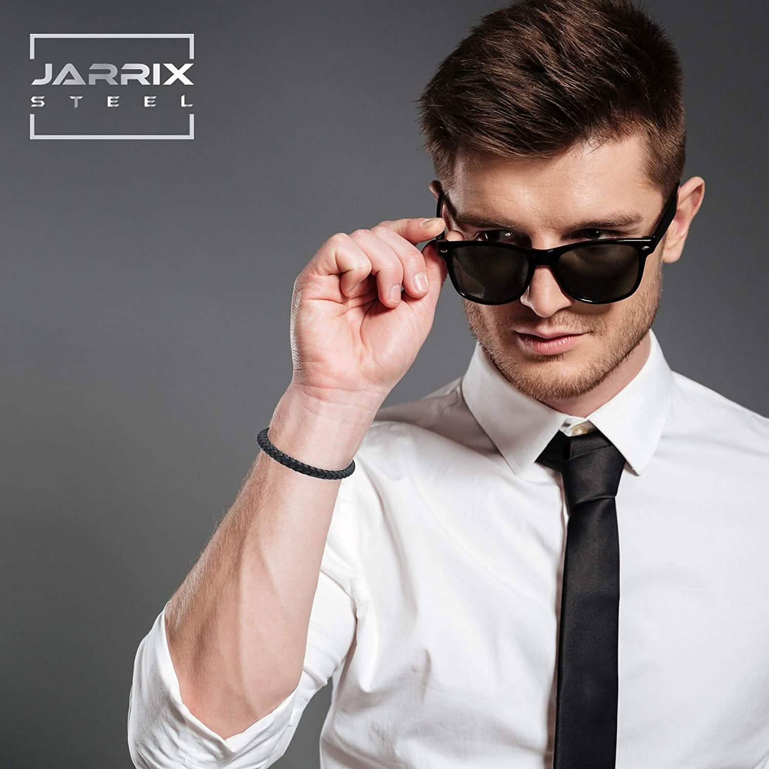 Man wearing sun glasses modelling a Jarrix Steel Men's Bracelet Leather Stainless Steel Magnetic Closure