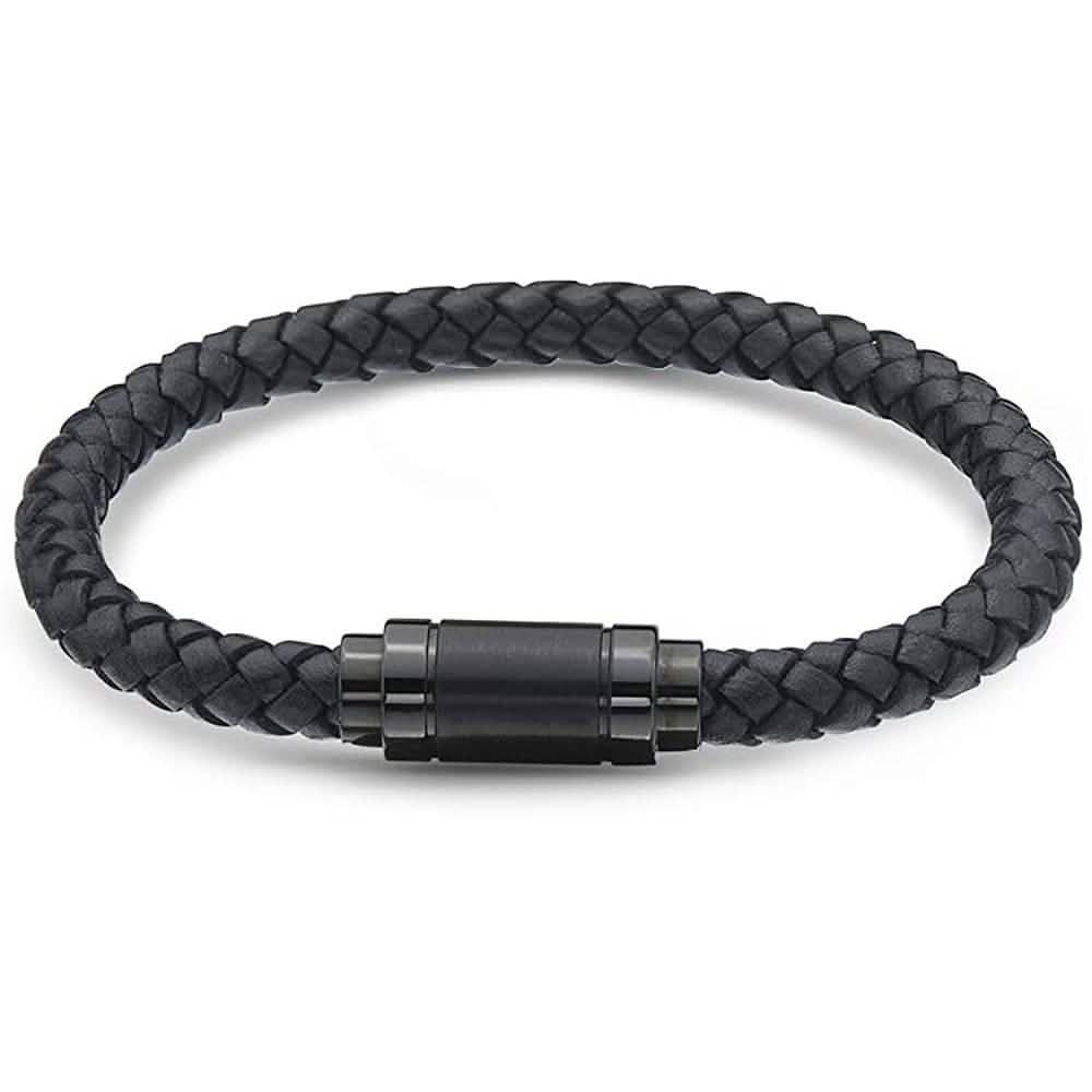 Jarrix Steel Men's Bracelet Leather Stainless Steel Magnetic Closure laying flat on a table