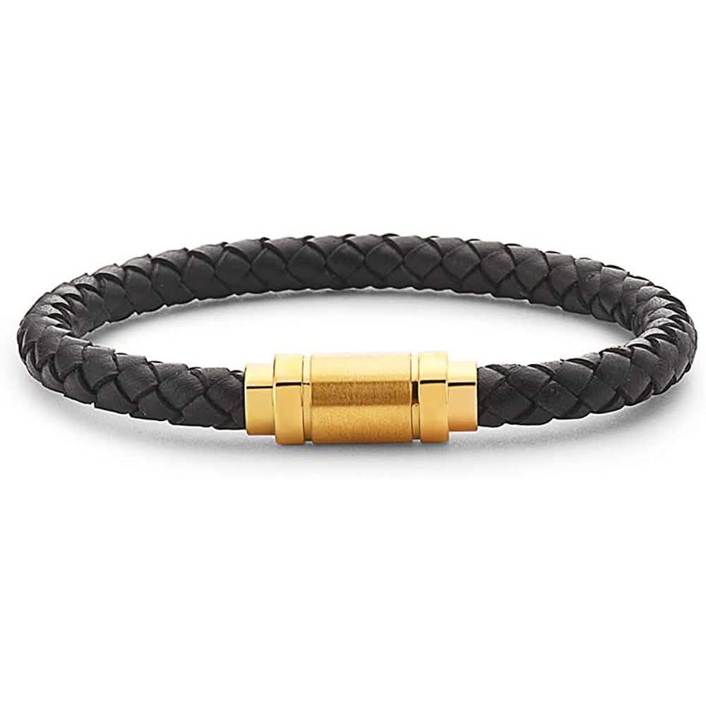 Jarrix Steel Men's Bracelet Leather Stainless Gold Magnetic Closure laying flat on a table