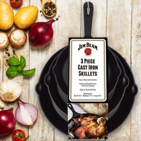 Jim Beam 3-Piece Cast Iron Skillets Kitchen Essentials - DailySale
