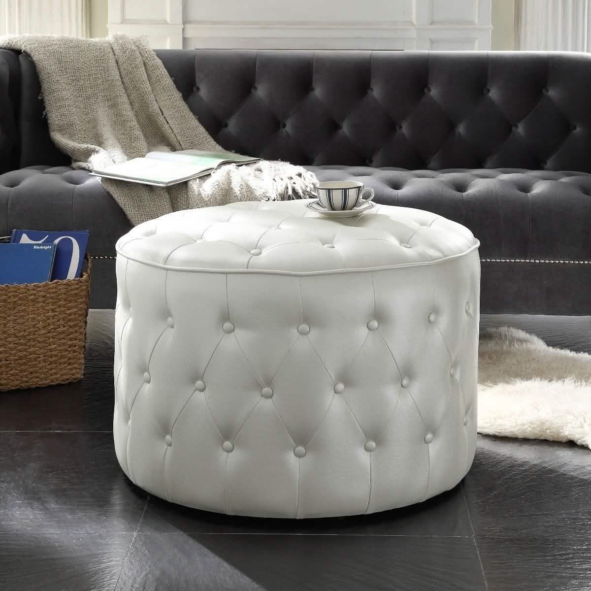 Jimmy Ottoman Button Tufted PU Leather Upholstered Round Pouf Furniture & Decor - DailySale