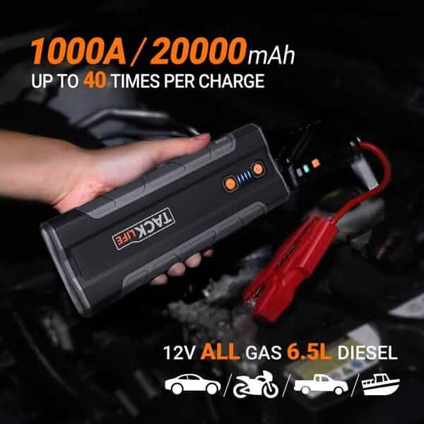 Jump Starter 1000A Peak 20000mAh 12V Car Jumper Black T8 MAX Automotive - DailySale