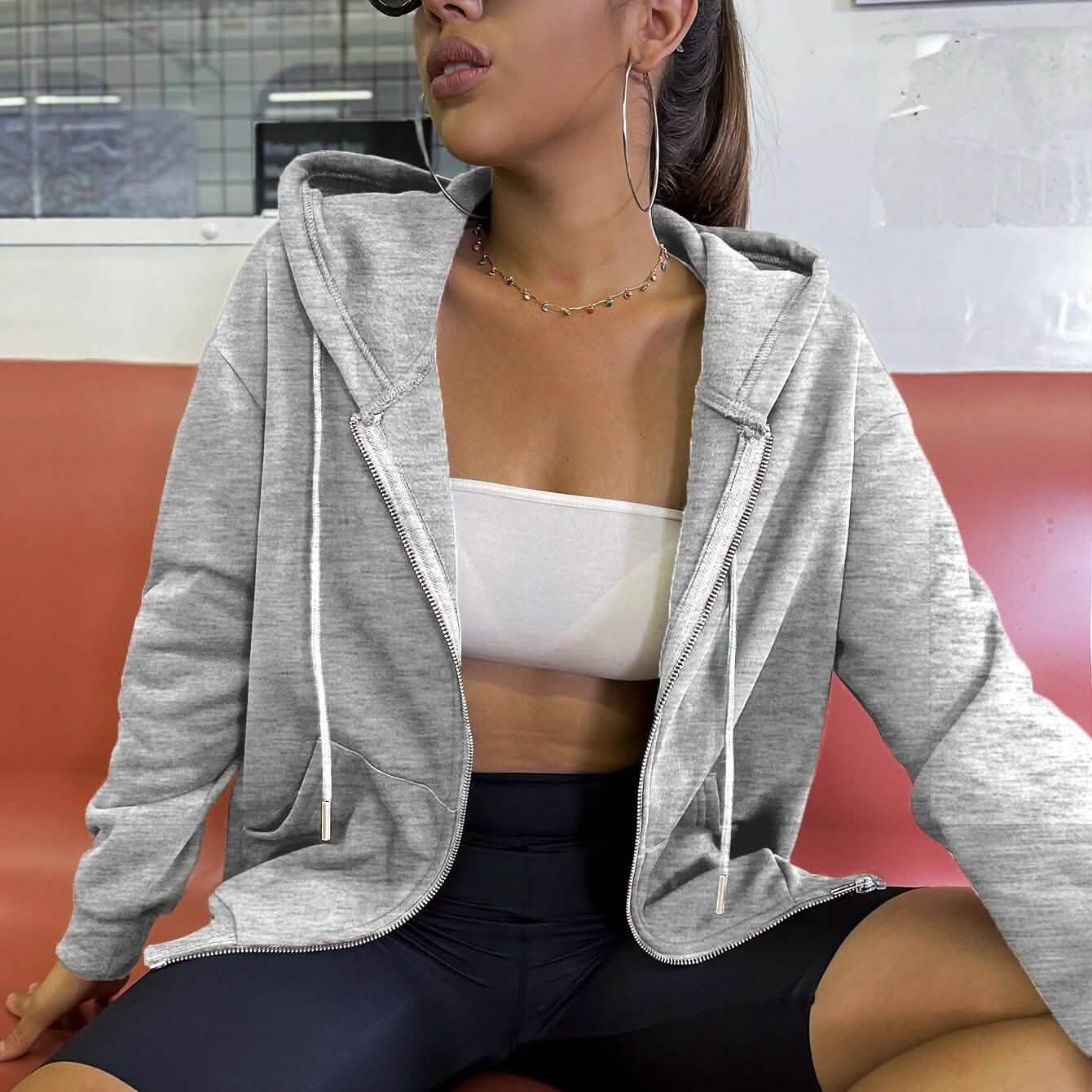 Kangaroo Pocket Drop Shoulder Zip-up Hooded Sweatshirt Women's Clothing Gray XS - DailySale