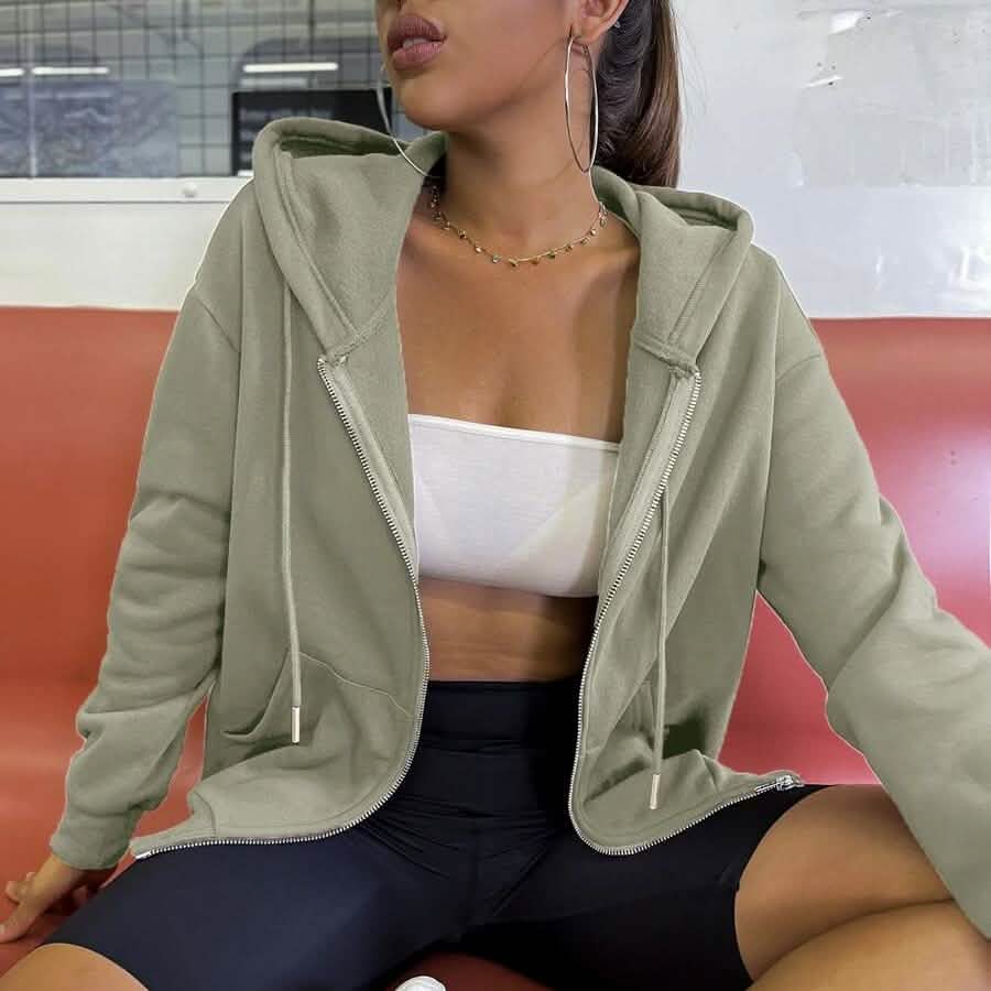 Kangaroo Pocket Drop Shoulder Zip-up Hooded Sweatshirt Women's Clothing Light Green XS - DailySale