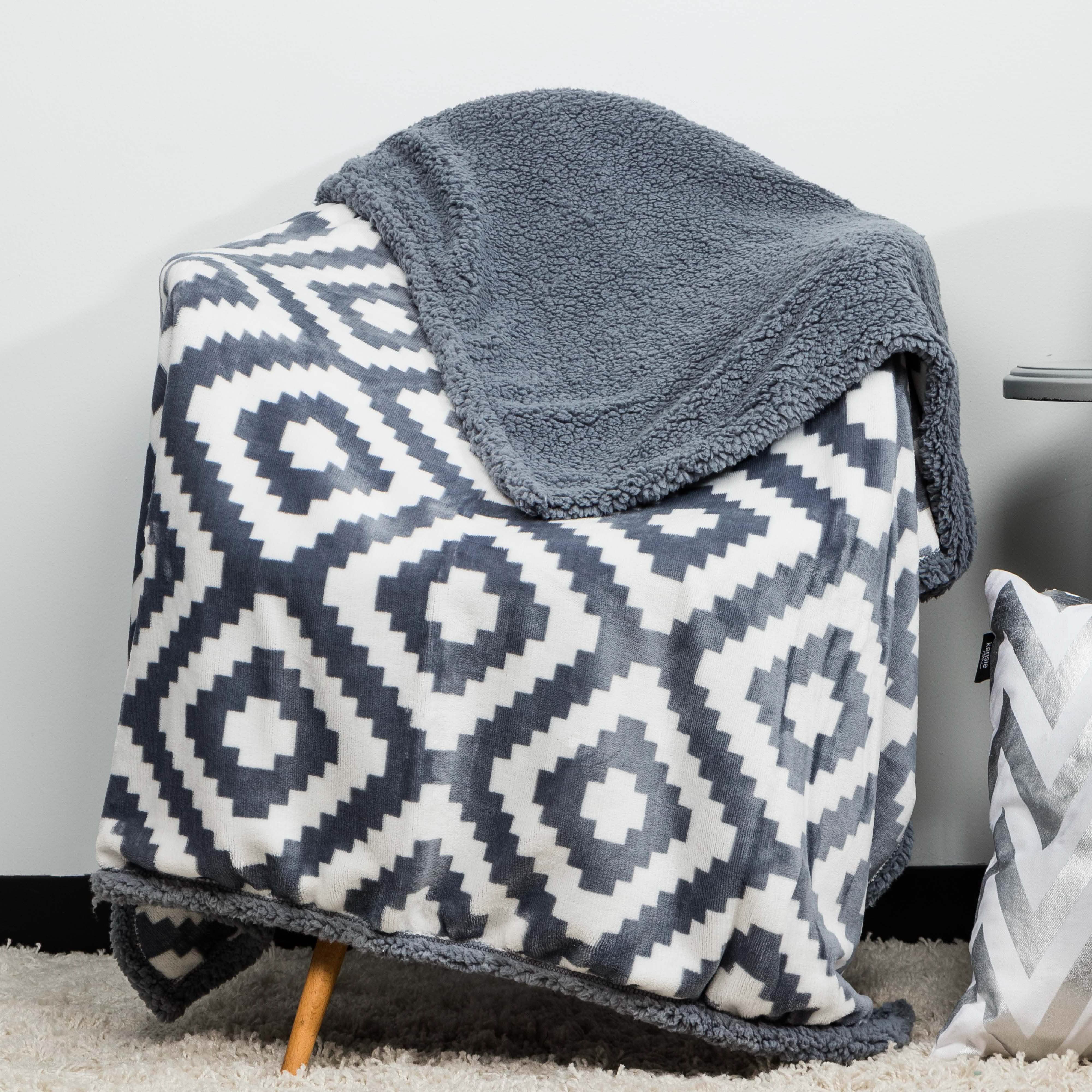 Kensie Super-Soft Reversible Sherpa Fleece Throw Blanket Bedding Dark Gray - DailySale