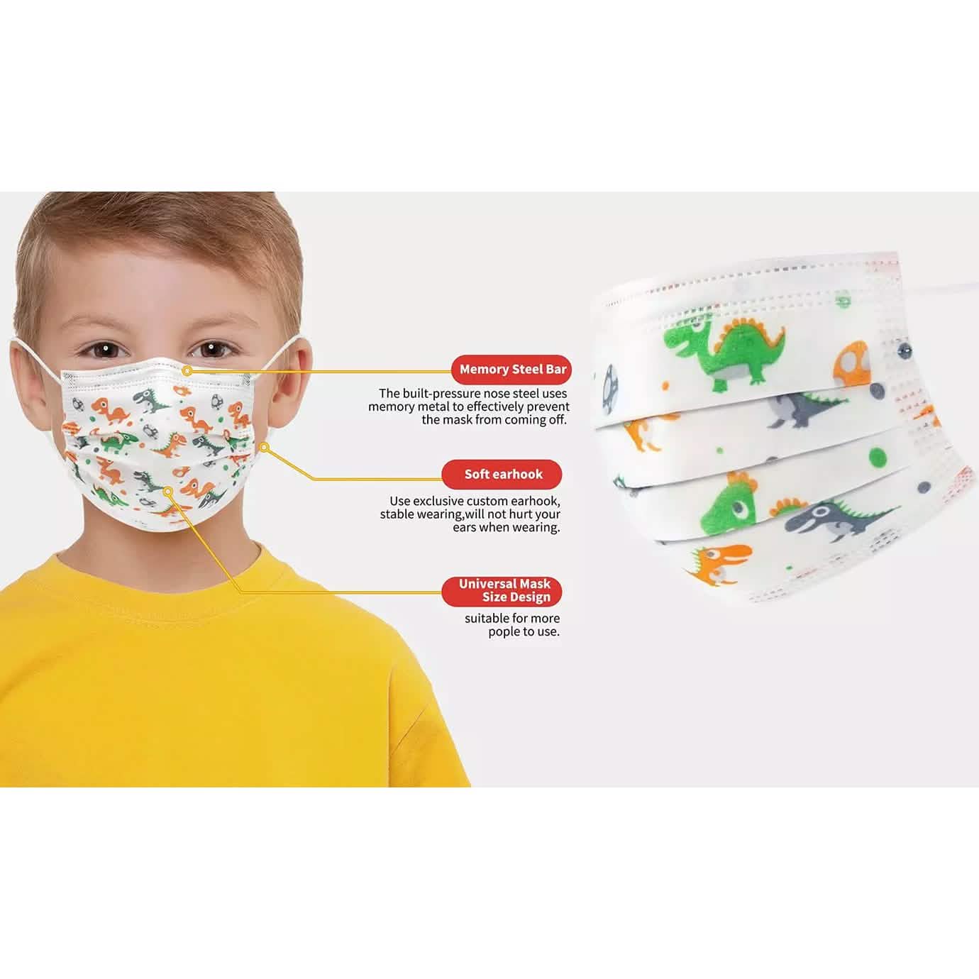 Kids 3-Ply Disposable Dinosaur Face Masks Face Masks & PPE - DailySale