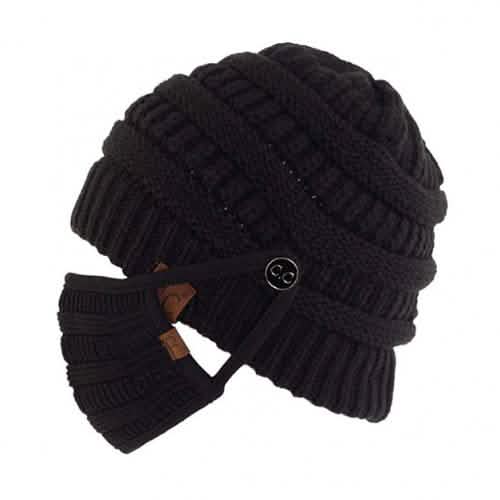 Knit Beanie with Matching Hook-On Mask Women's Accessories Black - DailySale