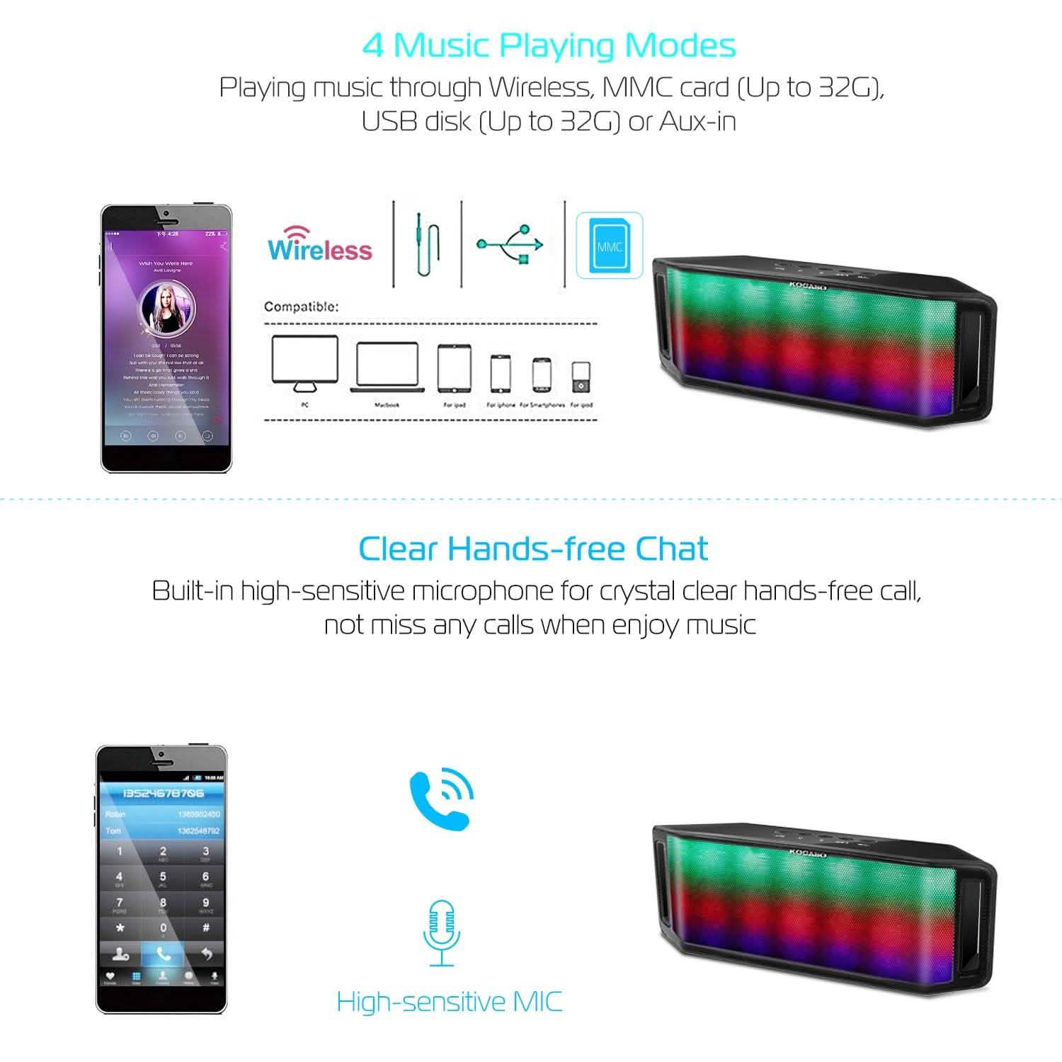KOCASO LED Wireless Speaker Dynamic Multicolor Hands-Free Speakers - DailySale