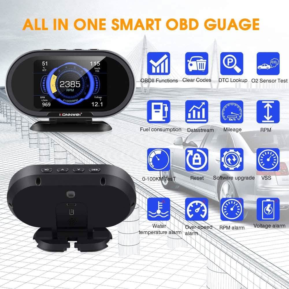 KONNWEI KW206 Car OBD2 HUD Digital Meter RPM Gauge Automotive - DailySale