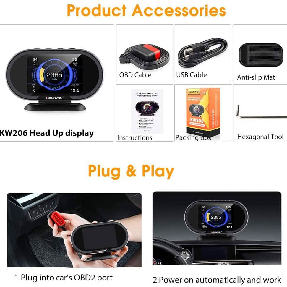 KONNWEI KW206 Car OBD2 HUD Digital Meter RPM Gauge Automotive - DailySale