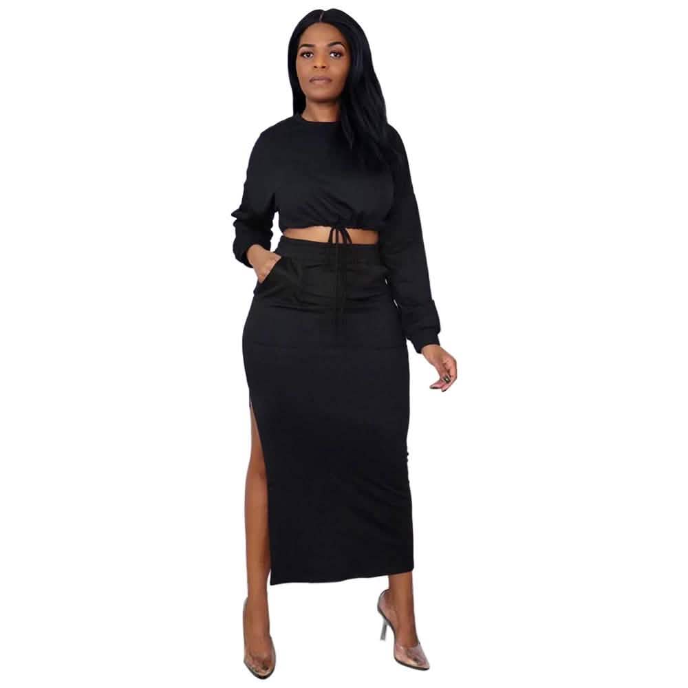 Ladies Crop Top and Split Long Skirt Women's Clothing Black S - DailySale