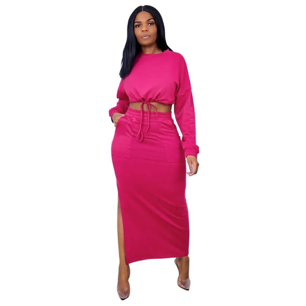 Ladies Crop Top and Split Long Skirt Women's Clothing Rose S - DailySale
