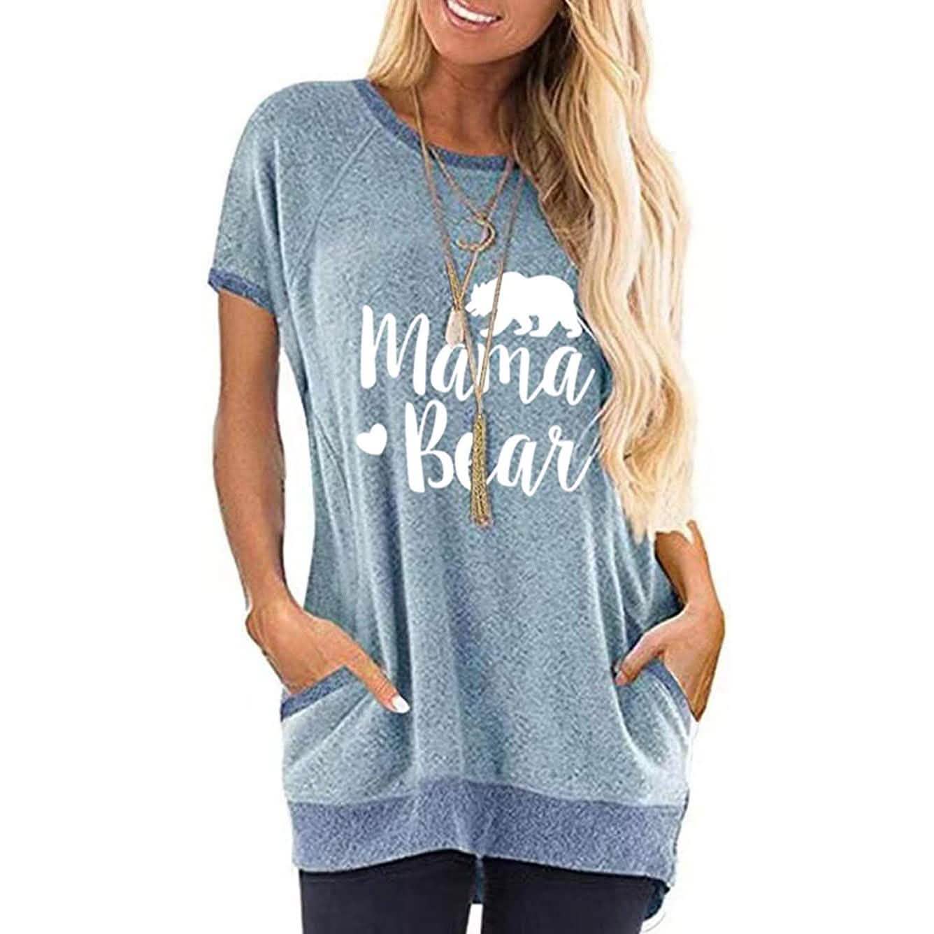 Ladies Long T Shirts Cotton Graphic Lettern Print Summer Tops Women's Clothing Blue S - DailySale