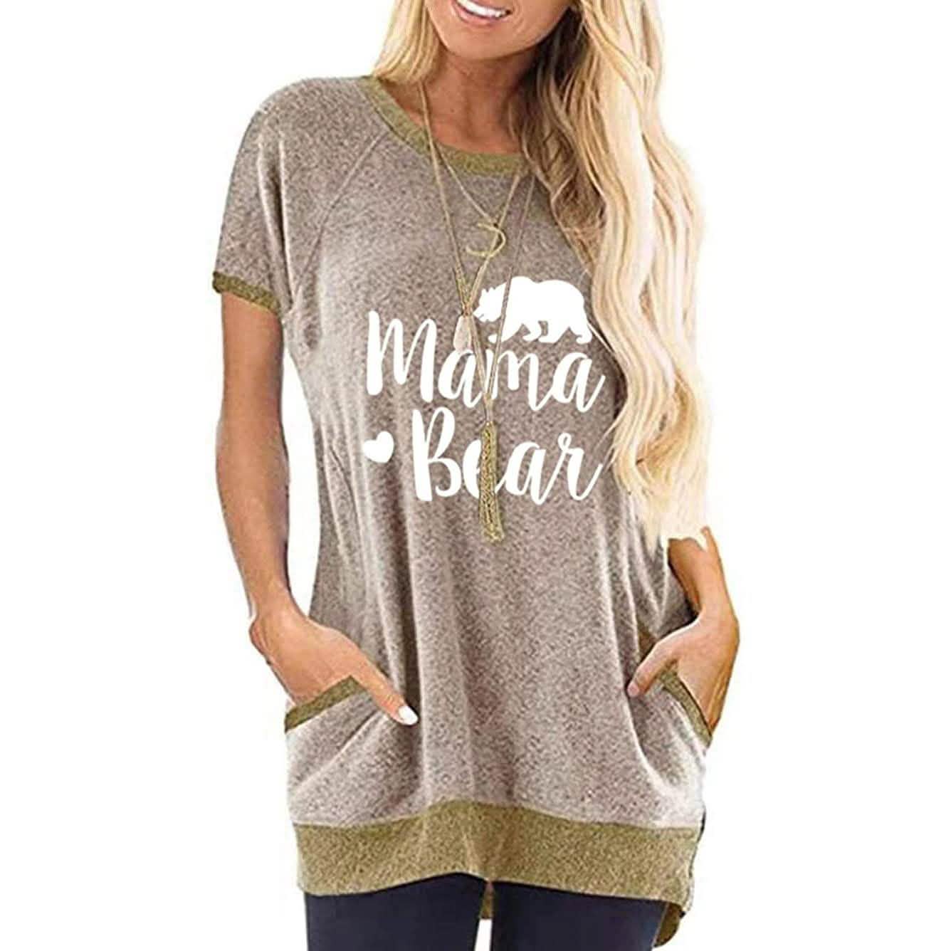 Ladies Long T Shirts Cotton Graphic Lettern Print Summer Tops Women's Clothing Khaki S - DailySale
