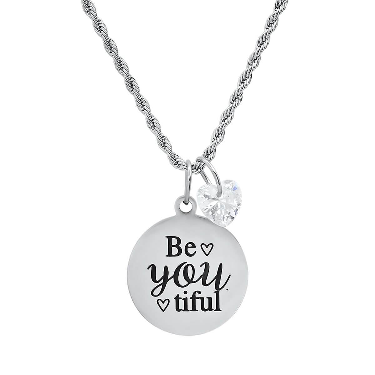 Ladies Stainless Steel Be You Tiful Round Pendant Adorned with Heart Shaped Swarovski Crystal Charm Necklaces - DailySale