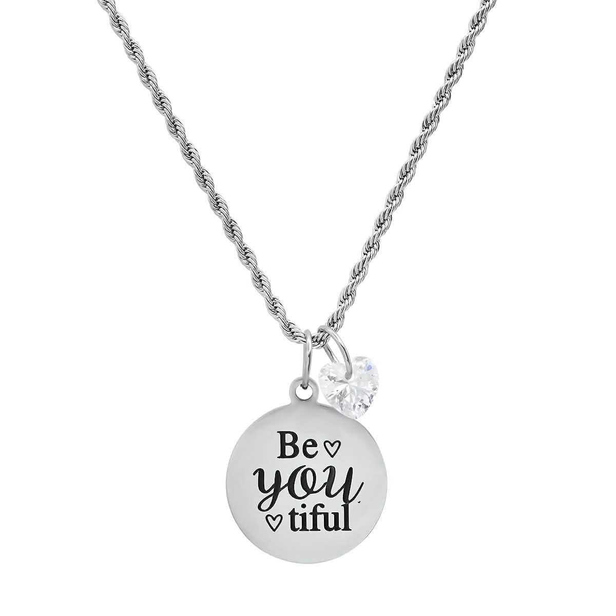 Ladies Stainless Steel Be You Tiful Round Pendant Adorned with Heart Shaped Swarovski Crystal Charm Necklaces - DailySale