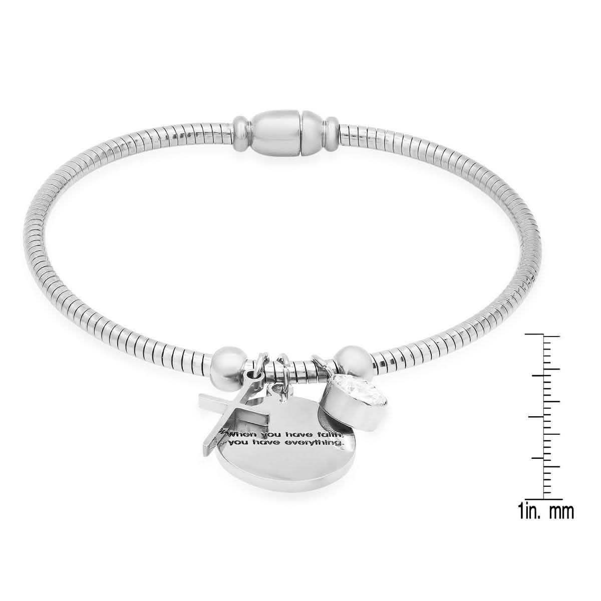 Ladies Stainless Steel "When you have faith…"Swarovski Crystal and Cross Charm Snake Chain Bracelet Bracelets - DailySale