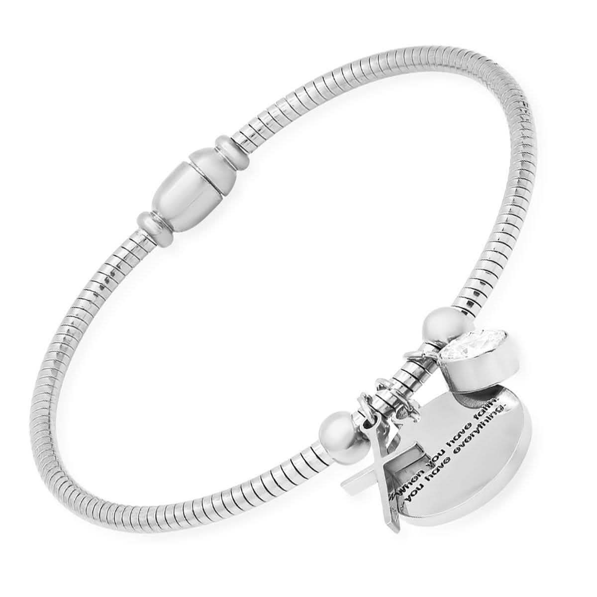 Ladies Stainless Steel "When you have faith…"Swarovski Crystal and Cross Charm Snake Chain Bracelet Bracelets - DailySale
