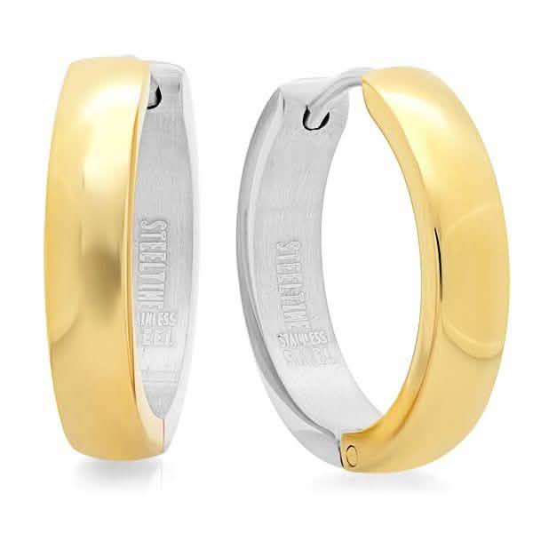 Ladies Two Tone Stainless Steel and 18K Gold Plated Huggie Earrings Earrings - DailySale