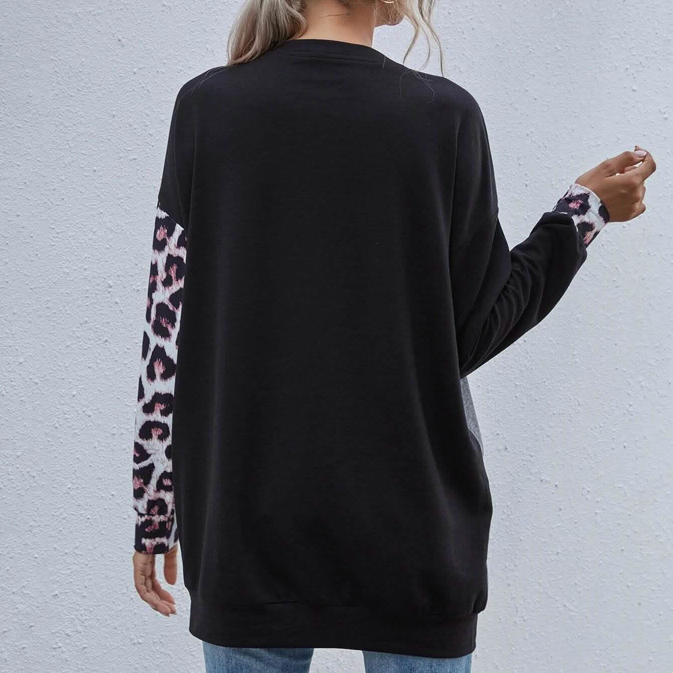 Leopard Print Colorblock Drop Shoulder Sweatshirt Women's Clothing - DailySale