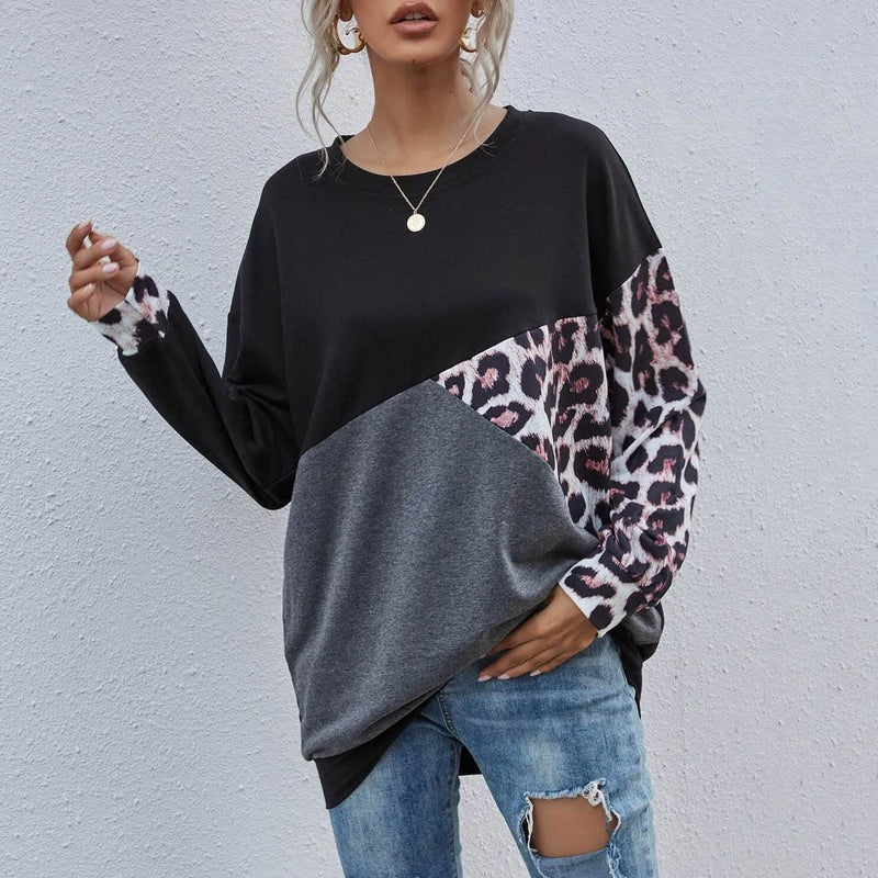 Leopard Print Colorblock Drop Shoulder Sweatshirt Women's Clothing - DailySale