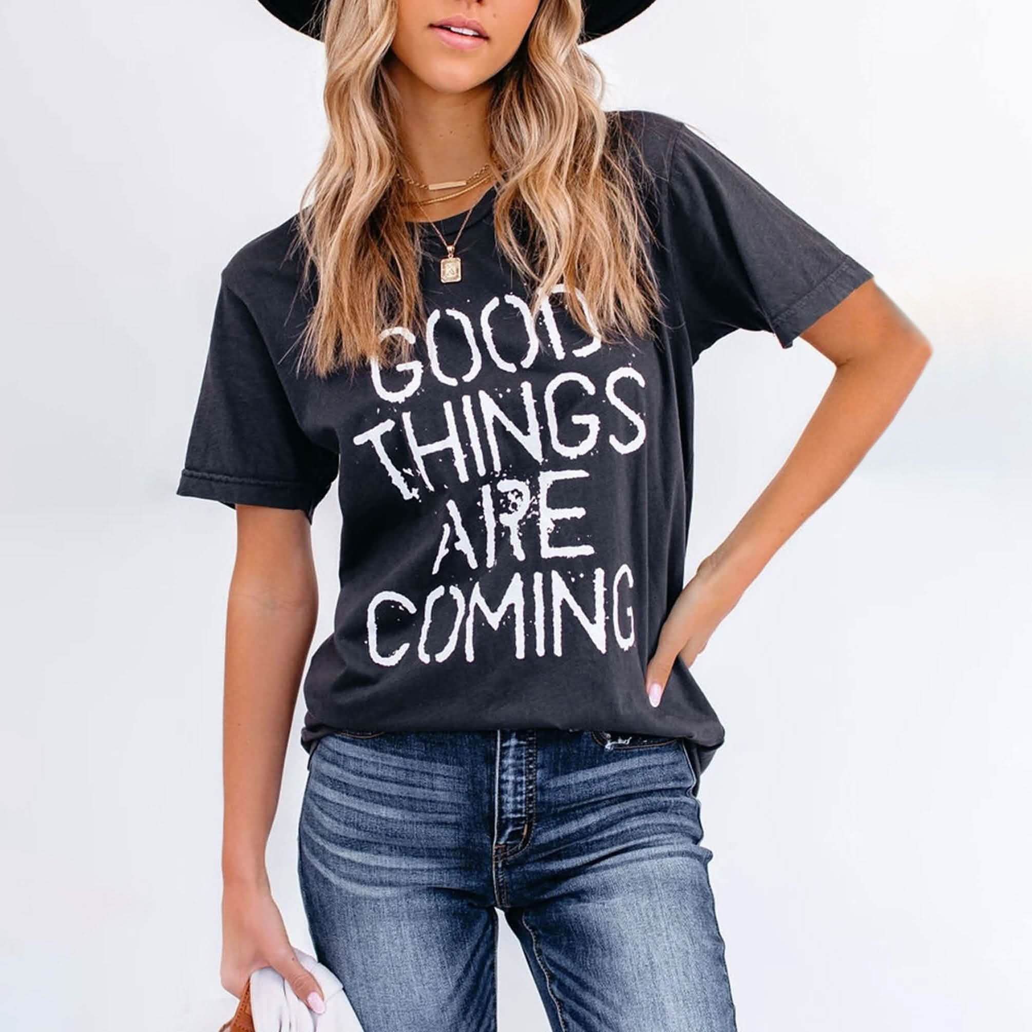 Letters Print Round Neck Short Sleeve Casual T-Shirt Women's Clothing S - DailySale
