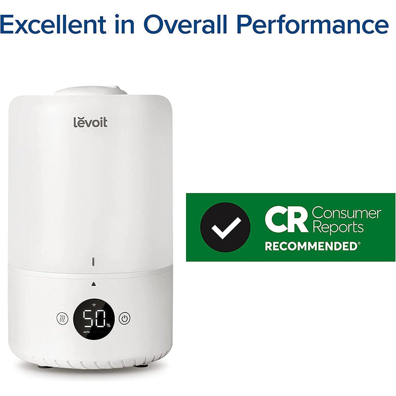 LEVOIT Dual200S Smart Cool Mist Humidifier next to an approval badge from Consumer Reports