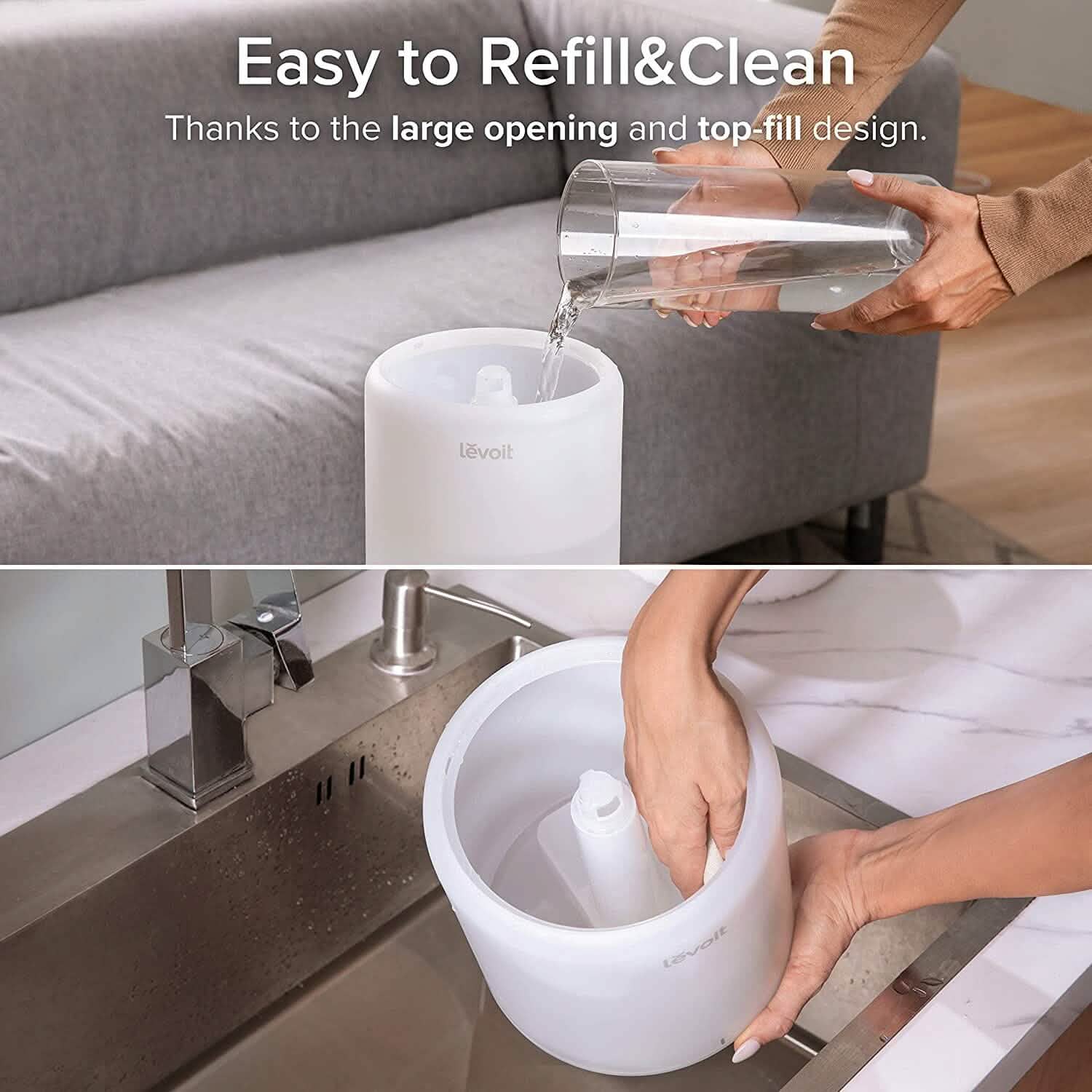 Woman filling the container of a LEVOIT Dual200S Smart Cool Mist Humidifier with water (top image) and woman cleaning the container (bottom image)