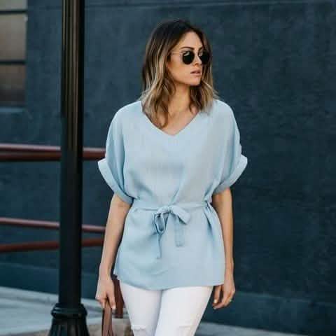 Linen-Blend Loose-Cut Casual Short Sleeve Top with Belt Women's Apparel S Baby Blue - DailySale