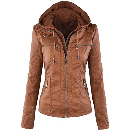 Lock and Love Women's Removable Hooded Faux Leather Jacket Women's Outerwear Camel XS - DailySale