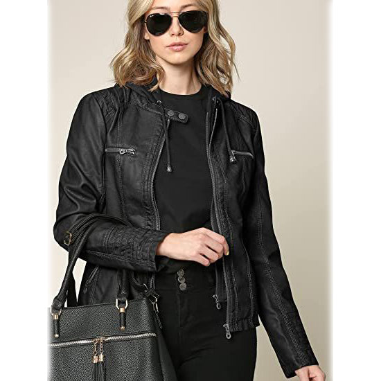 Lock and Love Women's Removable Hooded Faux Leather Jacket Women's Outerwear - DailySale